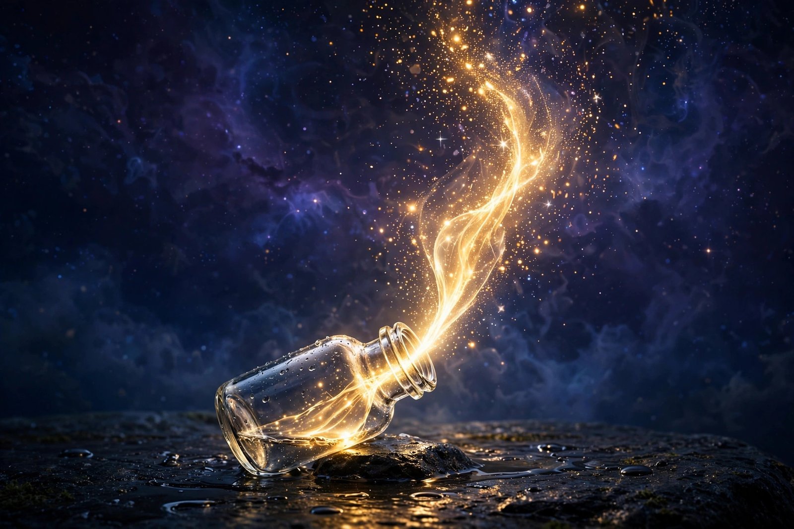Open medicine bottle on dark stone, golden light pouring out as particles