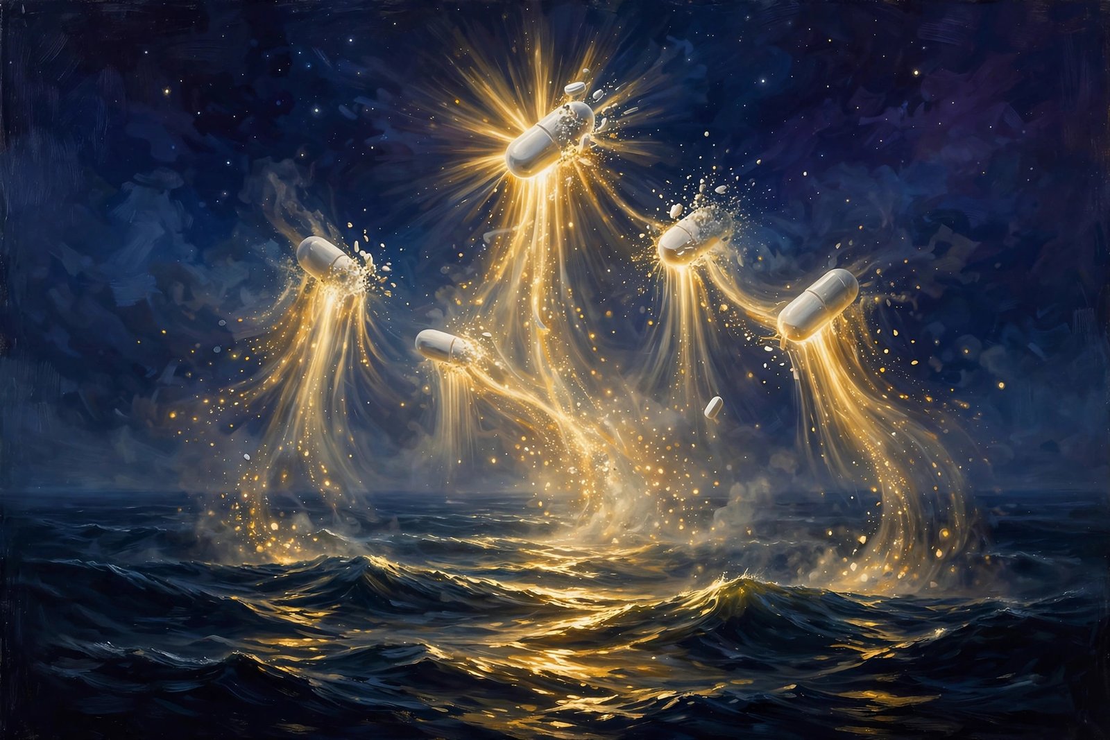 Pills dissolving mid-air into golden light streams over a night ocean