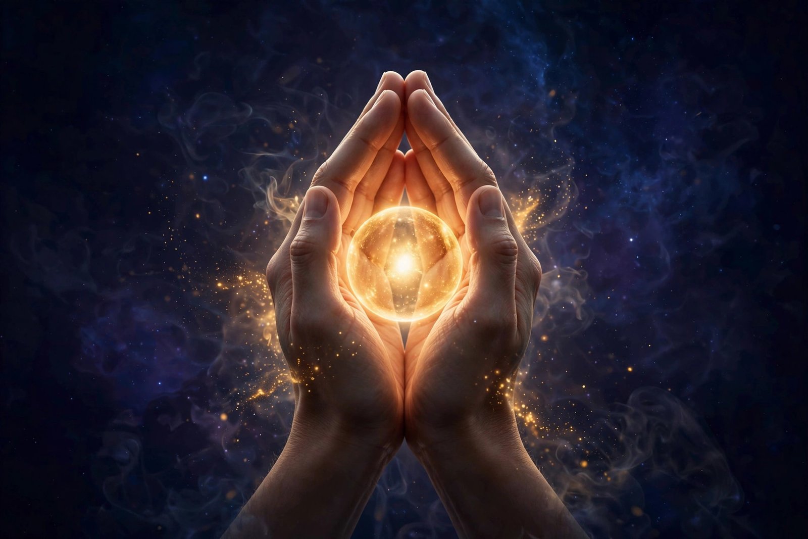 Cupped hands holding a softly glowing orb of golden light in the void