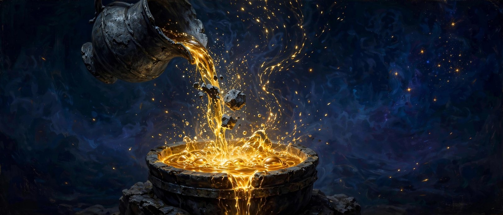 Alchemist crucible pouring molten radiant gold