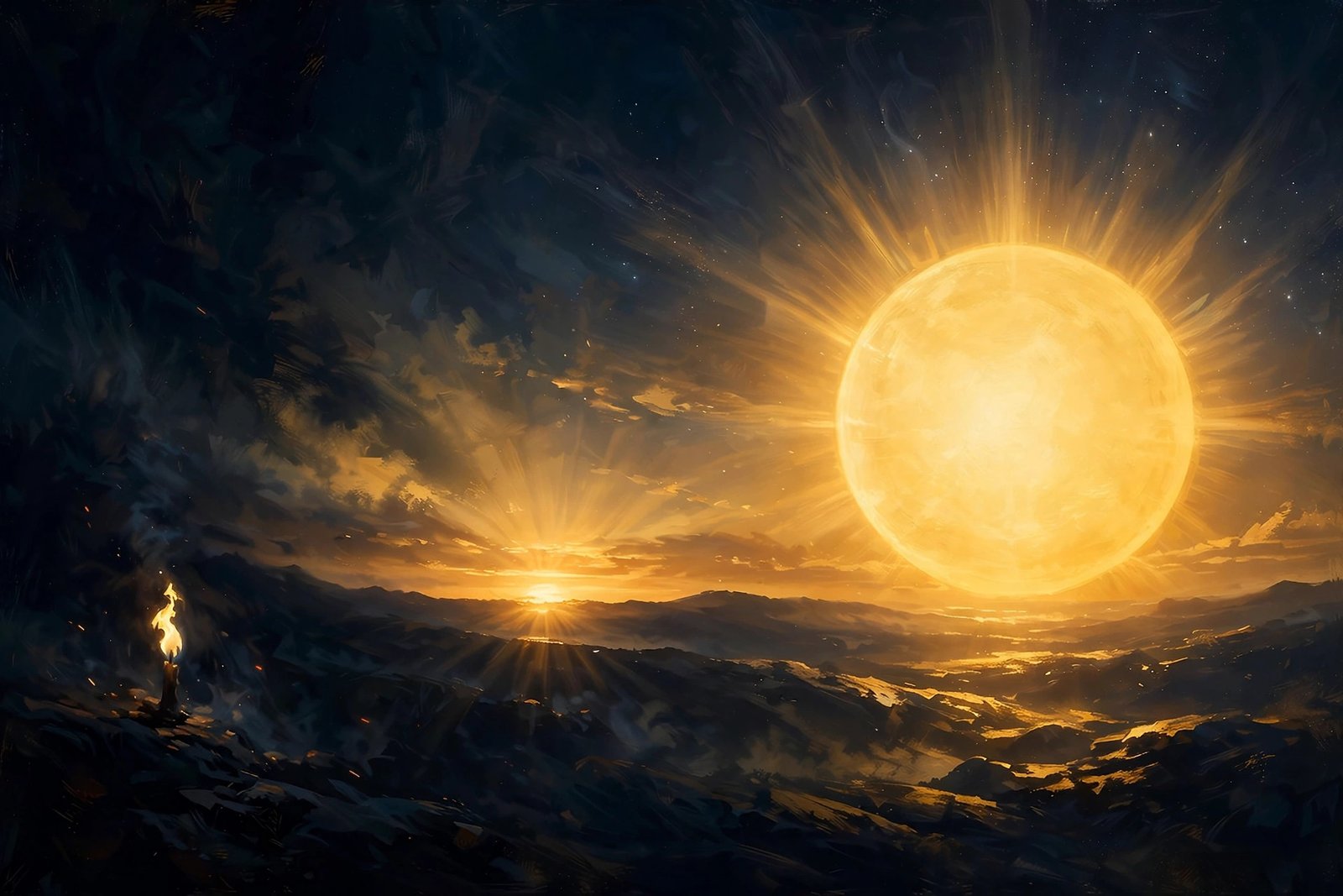 Candle flame growing into a vast blazing golden sun on the dark horizon