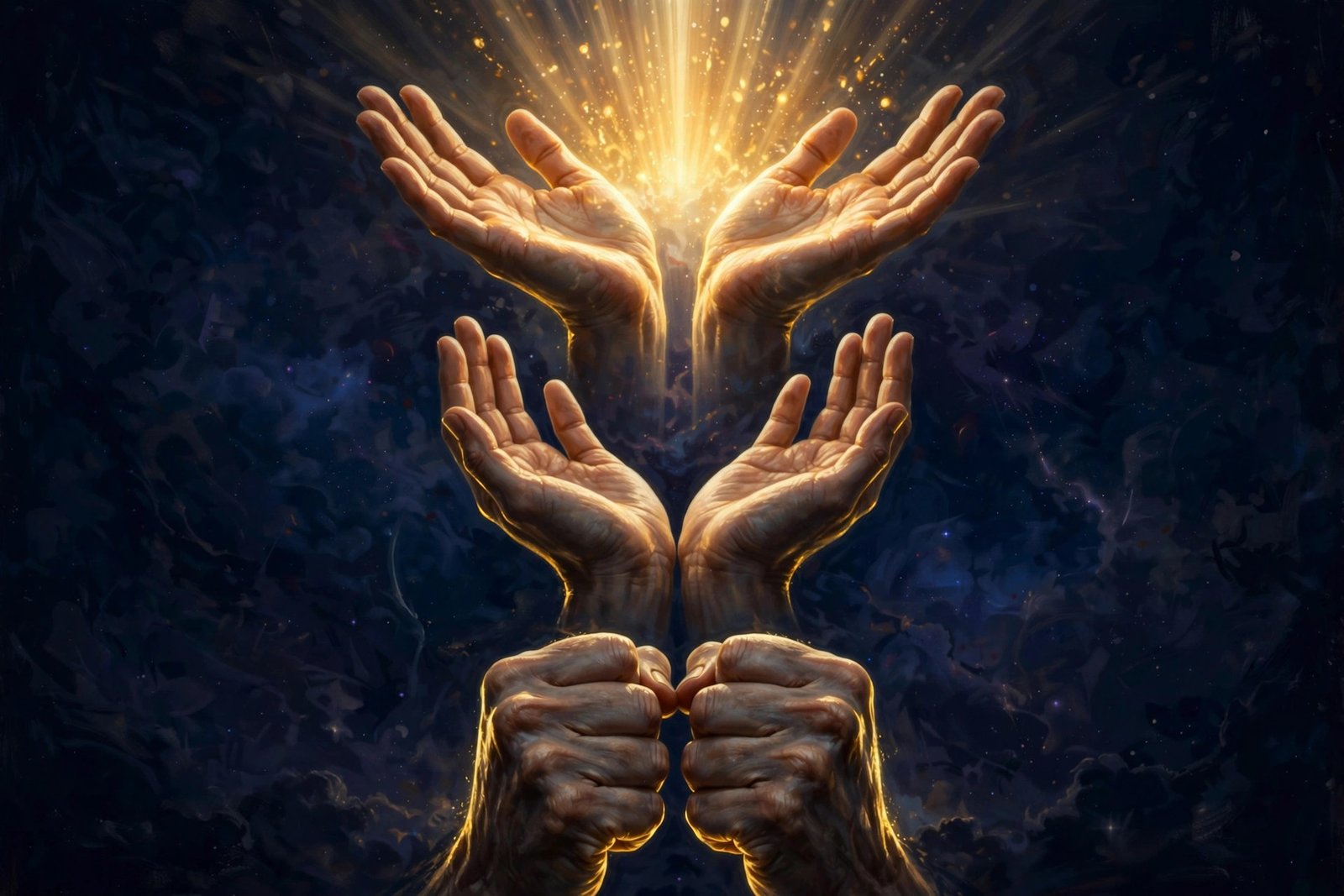 Three pairs of hands, clenched fist, opening hands, hands releasing golden light