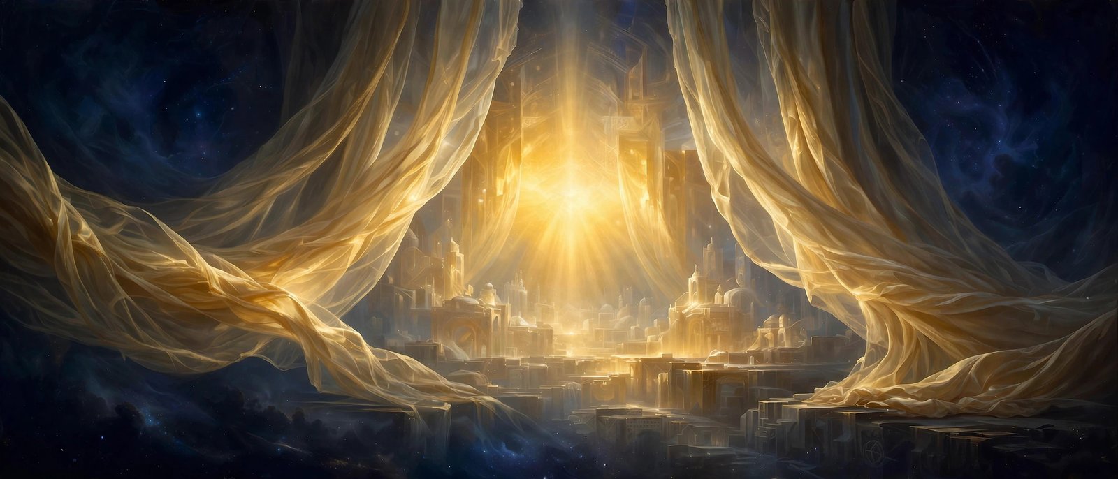 Golden silk veils parting to reveal a brilliant core of light