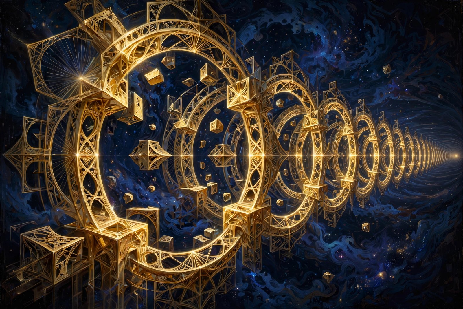 Geometric concentric golden rings and arches receding into infinity