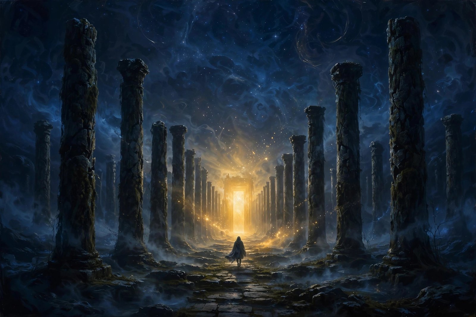 Lone figure walking through dark stone columns toward a golden doorway