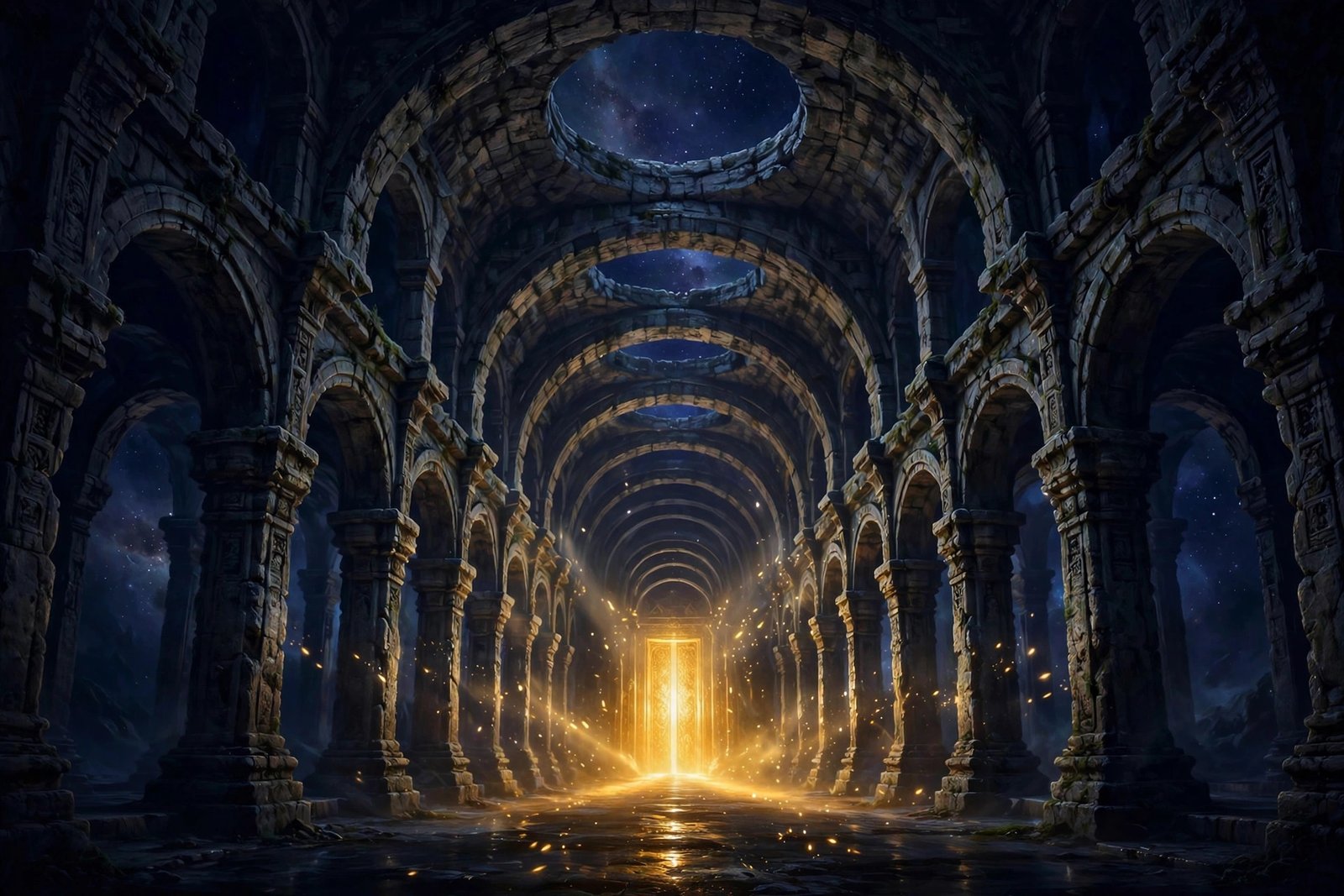 Stone temple colonnades receding through layered arches to a blazing golden doorway