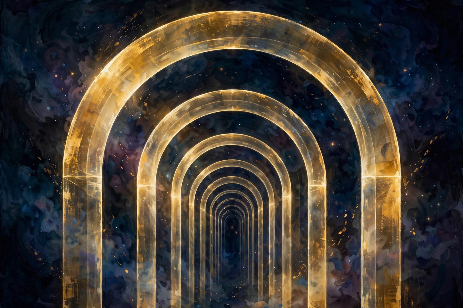 Nested translucent golden arches receding into darkness