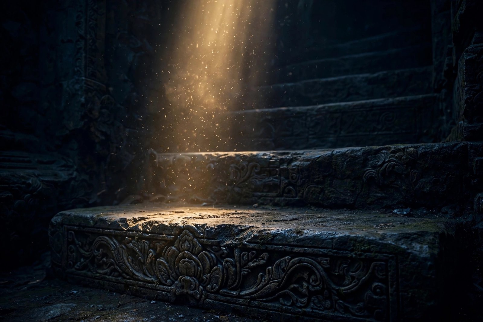 Dark stone steps with a single shaft of golden light on the lowest step