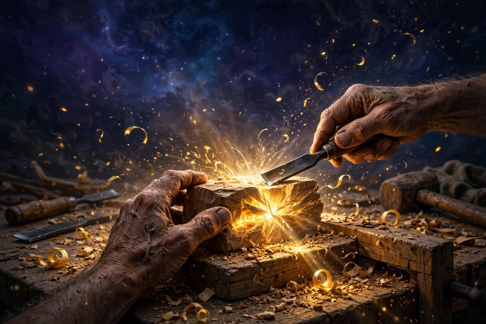 Craftsman hands shaping glowing wood, golden light streaming through