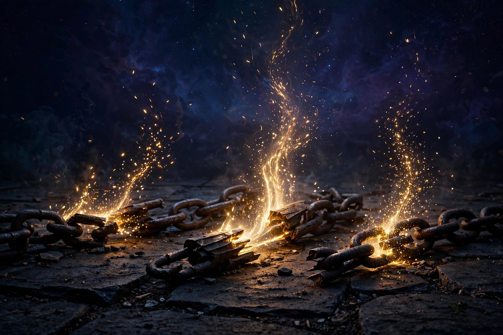 Broken iron chains dissolving into rising golden embers