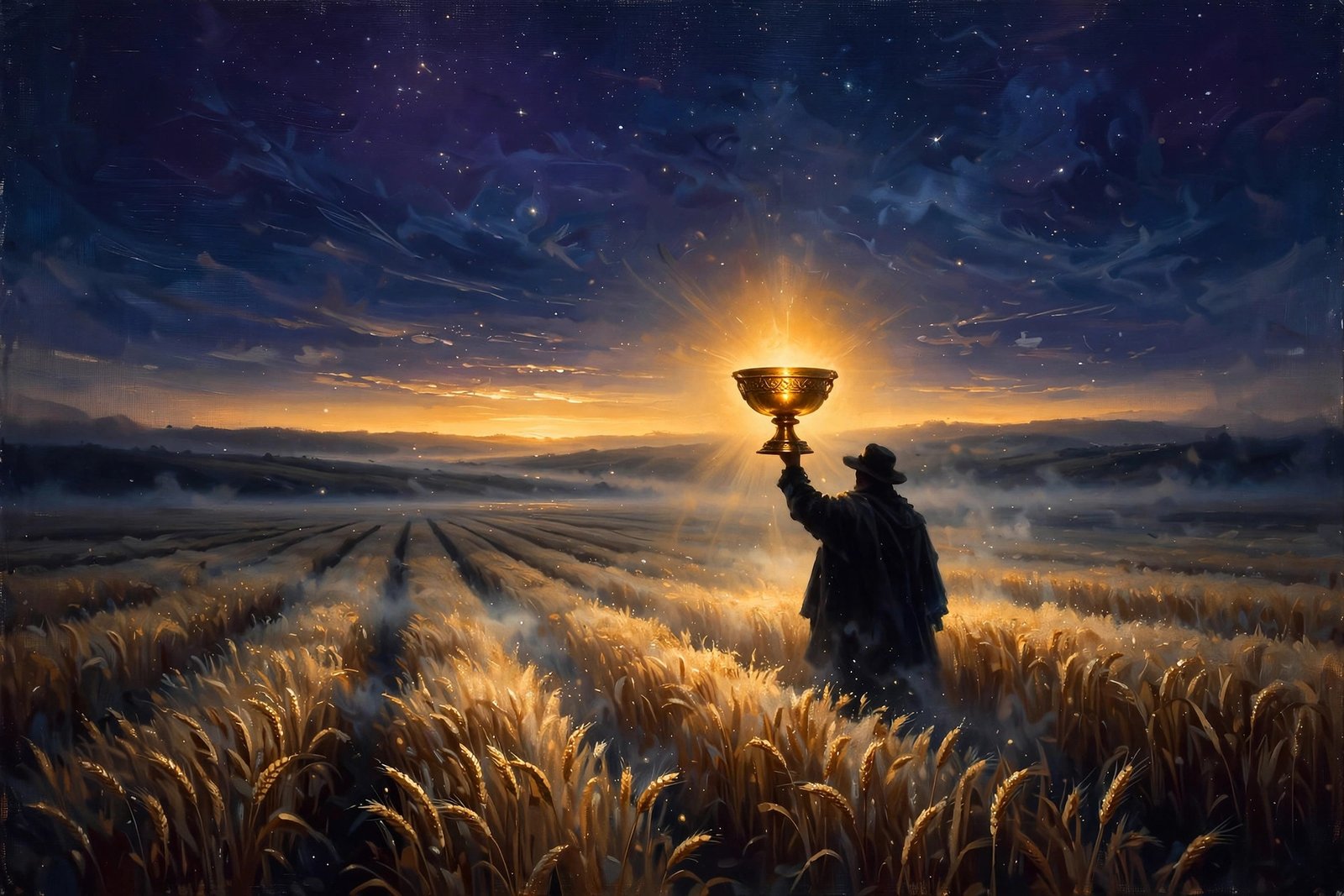 Worker holding a radiant golden vessel aloft in a dark wheat field