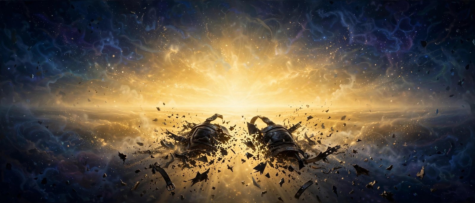 Horse blinkers falling apart revealing an infinite golden expanse
