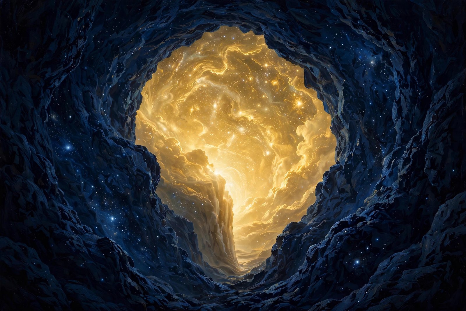 Dark tunnel opening into a radiant golden cosmos