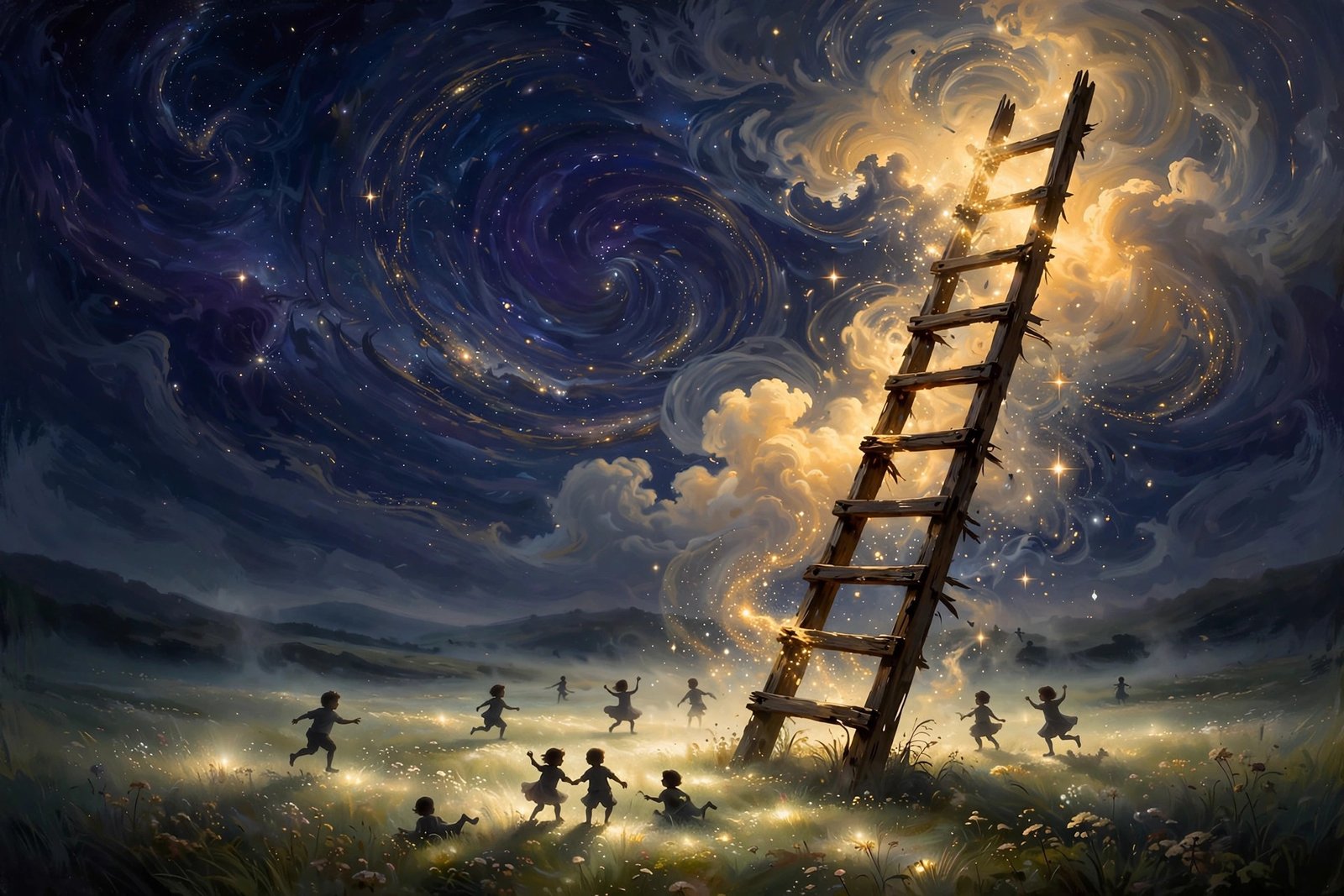 Wooden ladder dissolving into golden clouds, silhouettes playing freely below