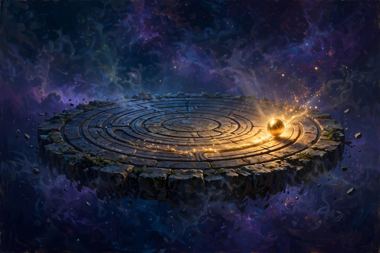 Ancient stone game board floating among stars, one golden piece mid-move