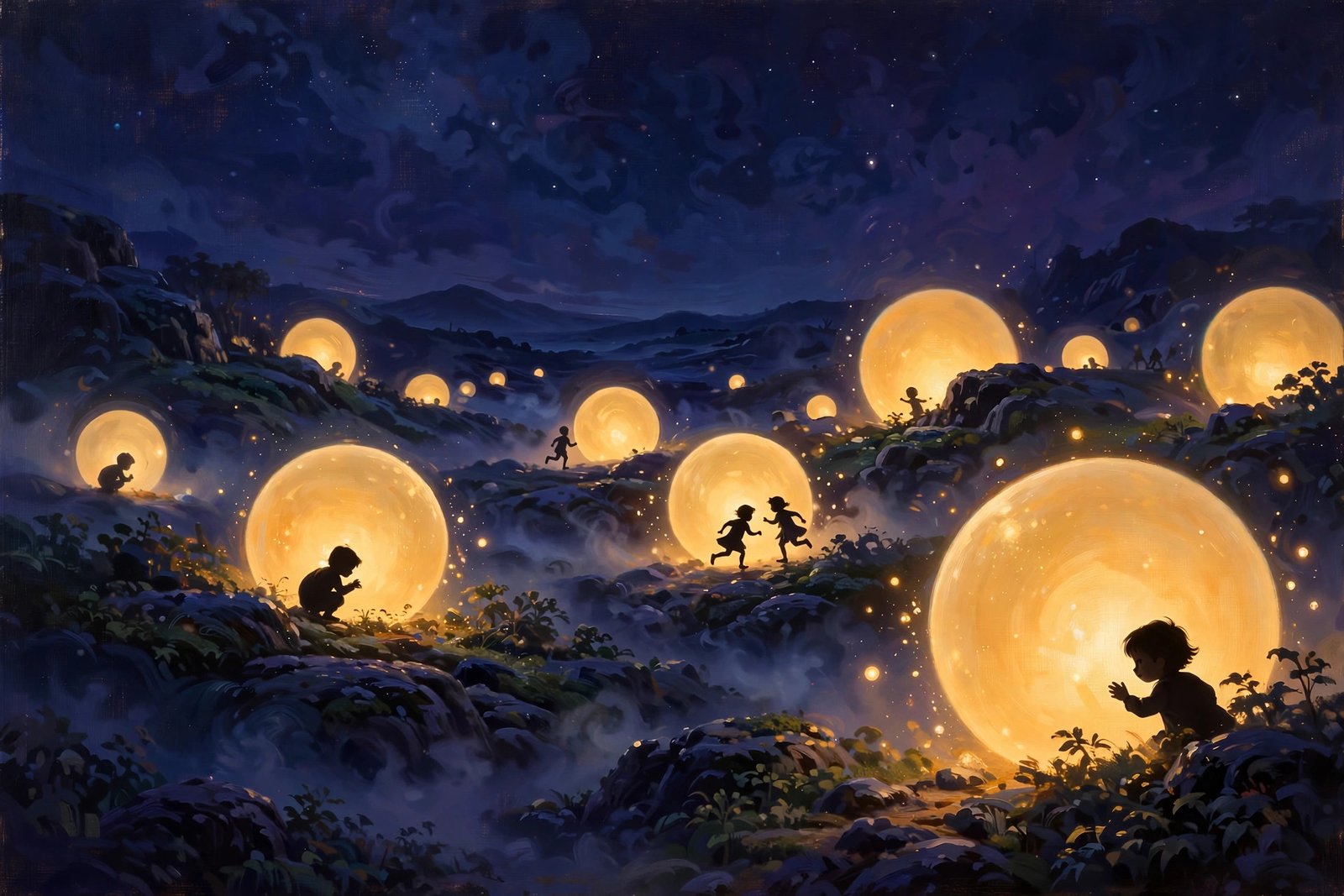 Children silhouettes playing hide-and-seek among giant glowing golden orbs