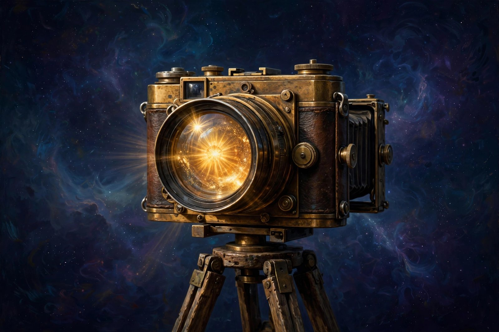 Vintage camera turned 180 degrees, lens reflecting a golden sun