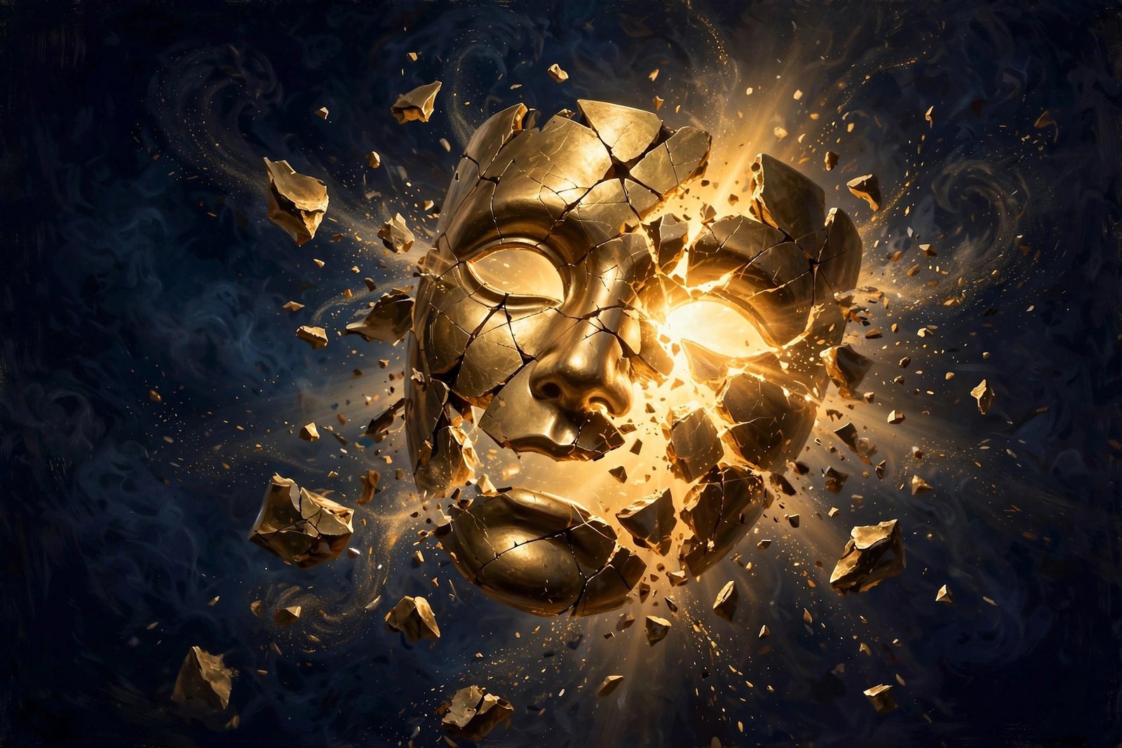 Golden theater mask cracking to reveal pure light
