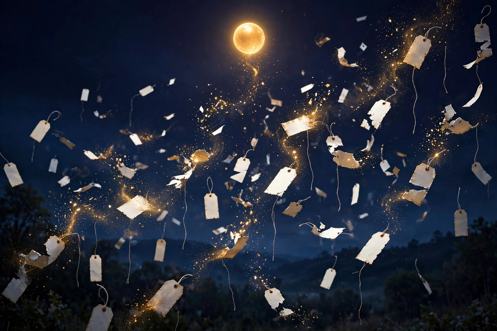 Blank ivory tags dissolving into gold dust in night wind