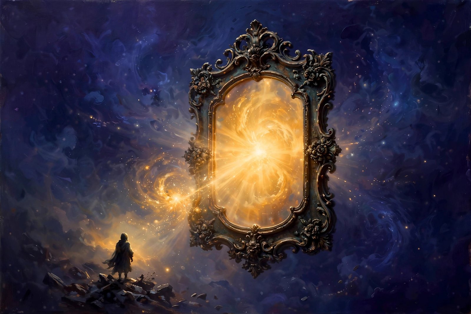 Antique mirror reflecting radiant gold instead of a face