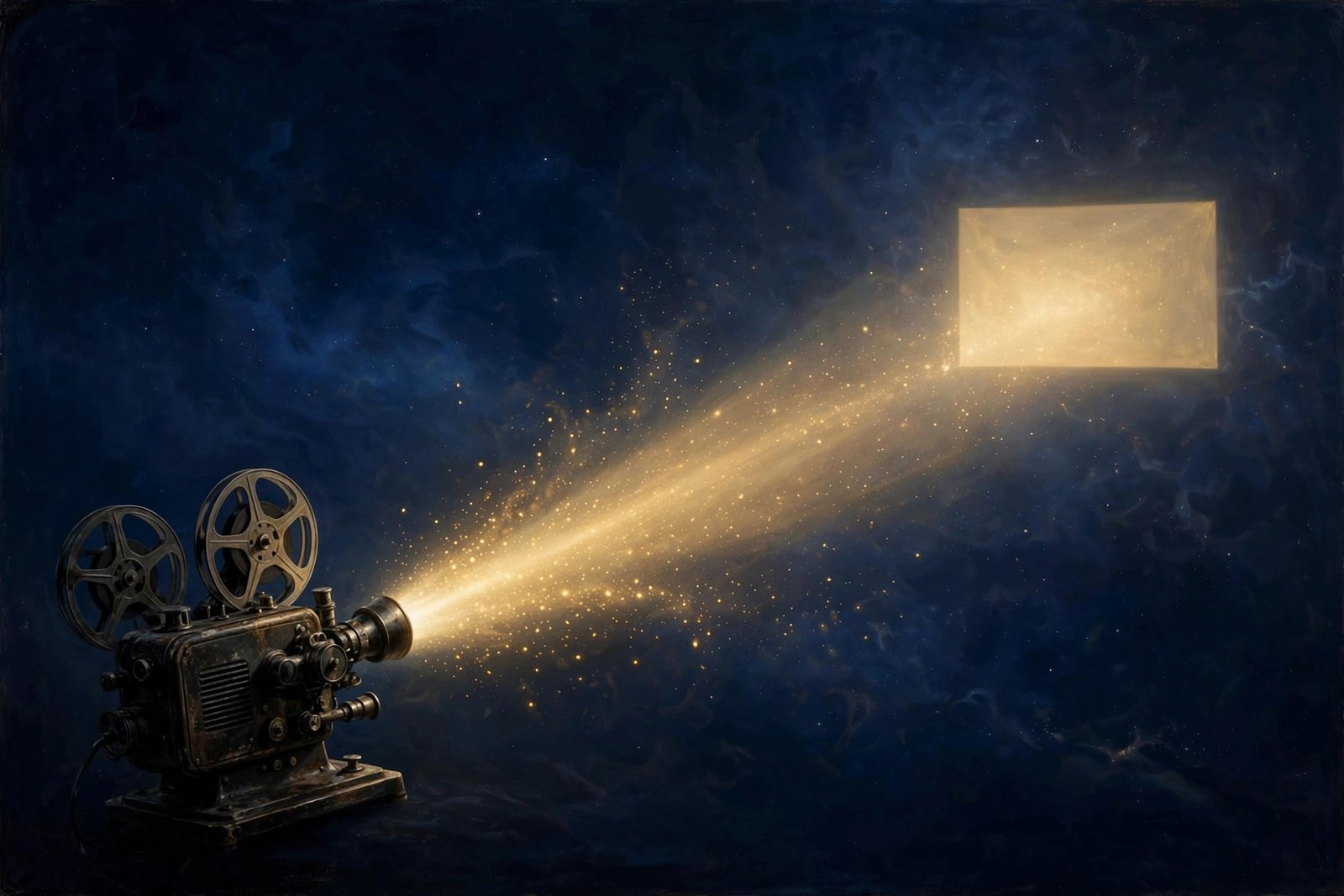 Film projector beam in darkness striking a glowing screen