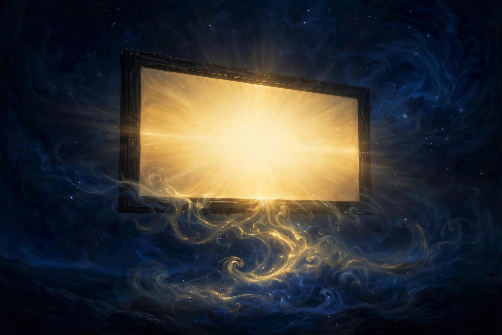 Vast glowing cinema screen floating in the void