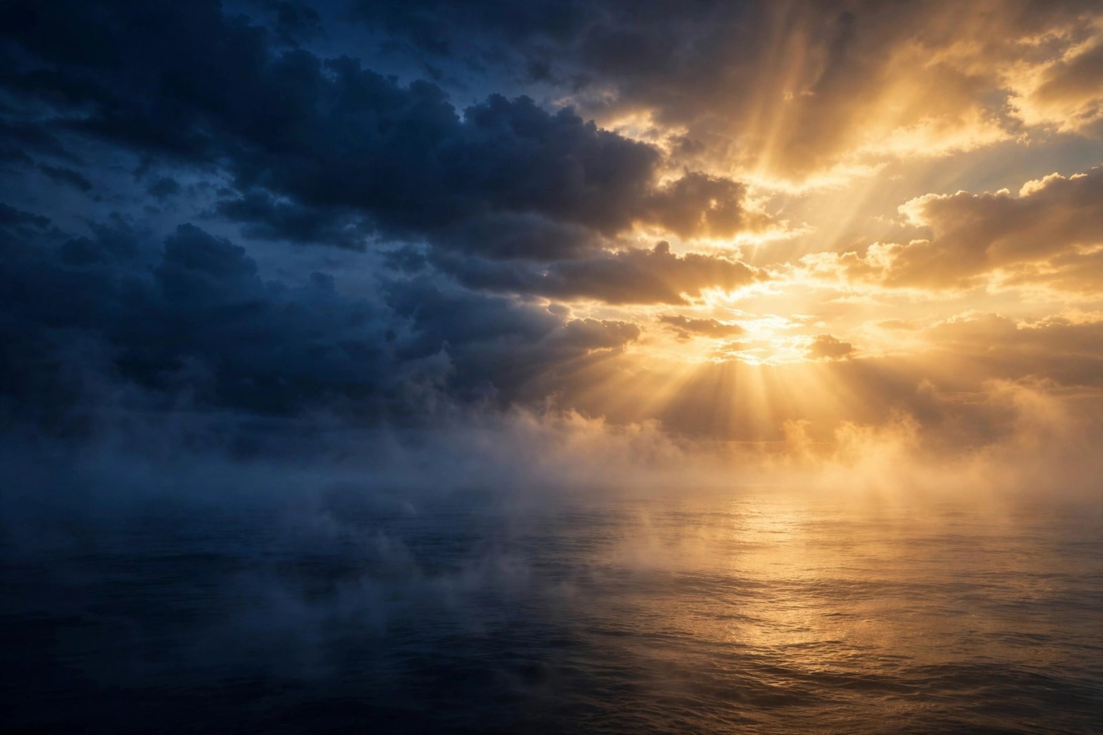 Golden dawn breaking over a dark ocean
