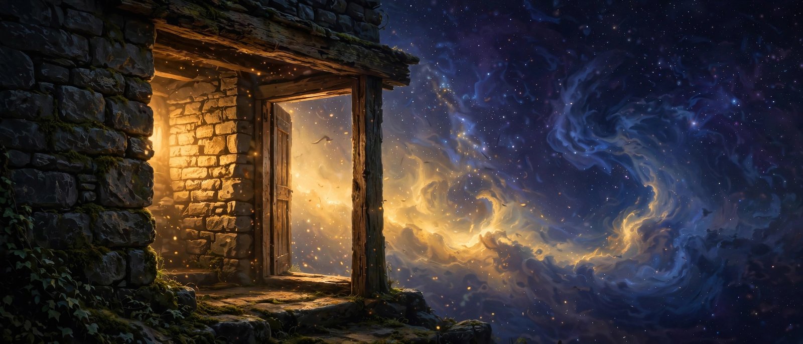 Doorway opening onto the cosmos, golden light beyond