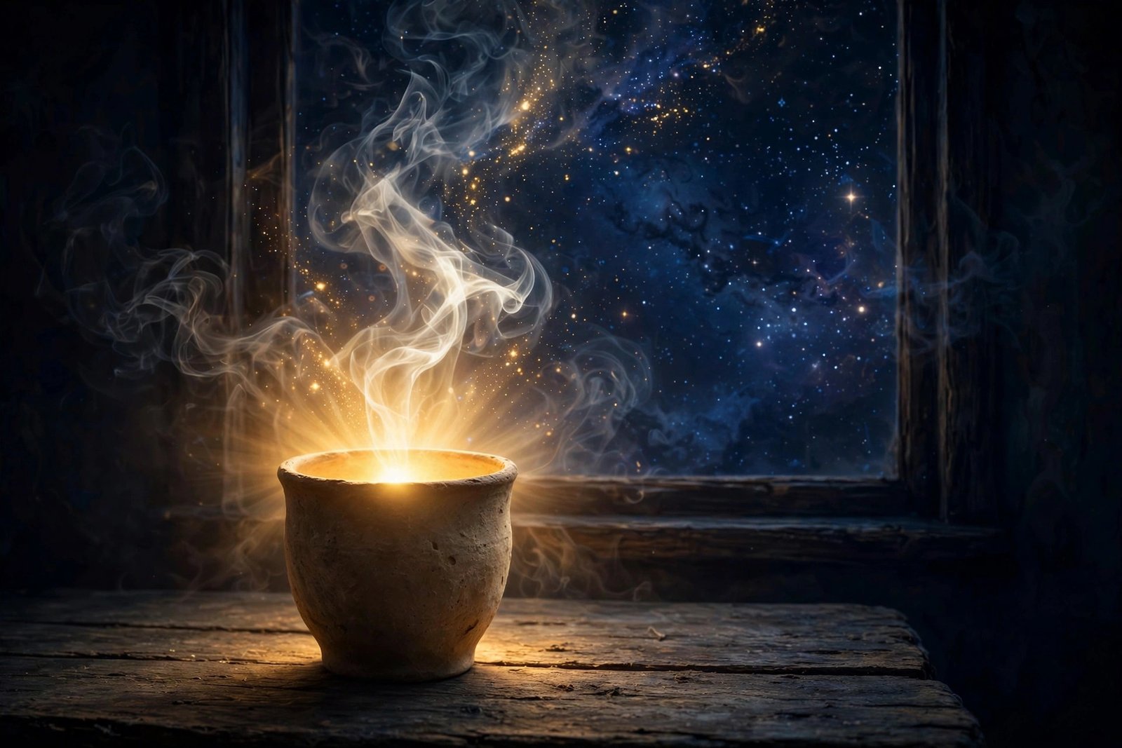 Glowing clay cup on a wooden table in darkness