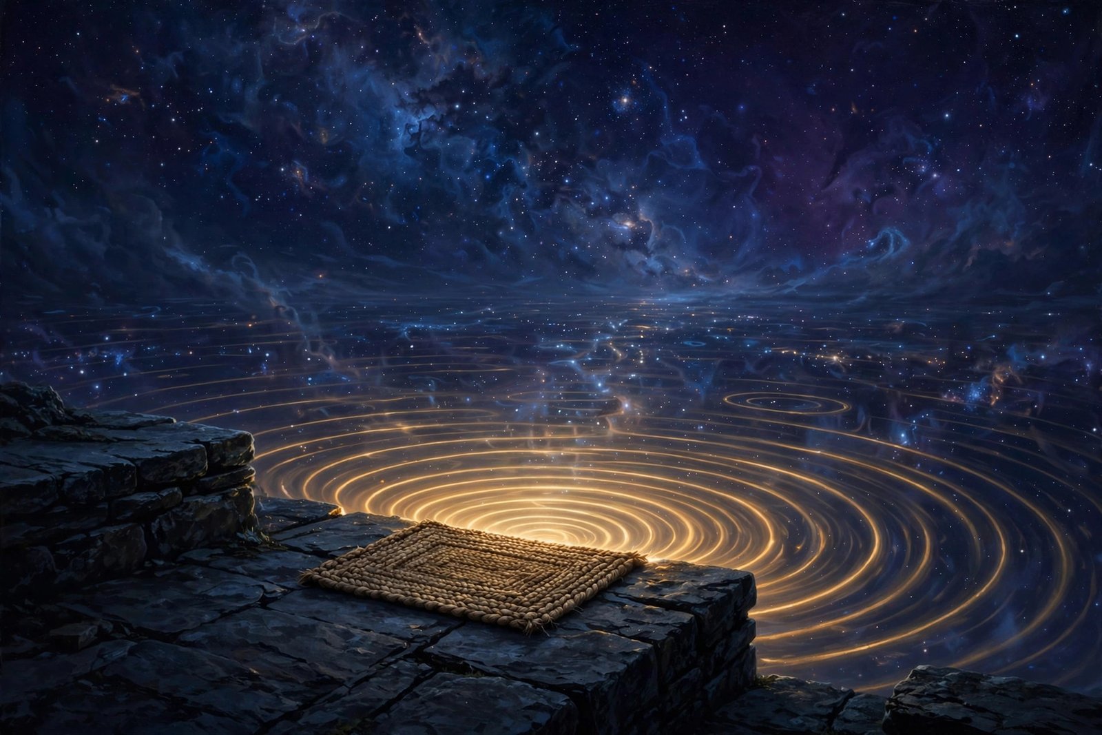 Welcome mat at a cosmic threshold under starry sky