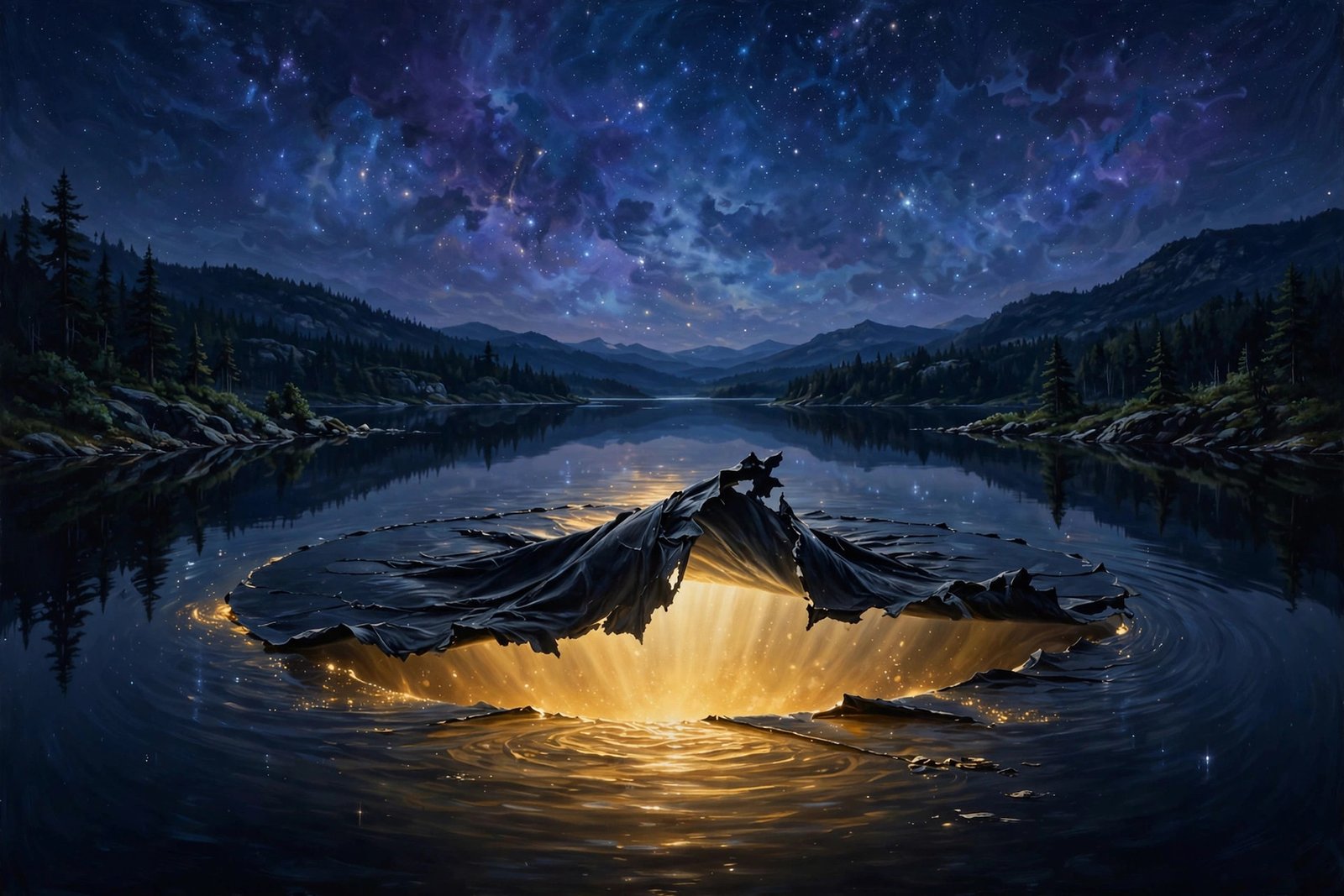 Still black lake surface peeling away like a veil, revealing radiant golden depths