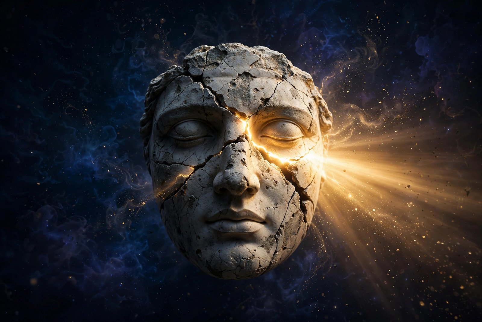 Cracked marble mask floating in void, golden light streaming through the crack