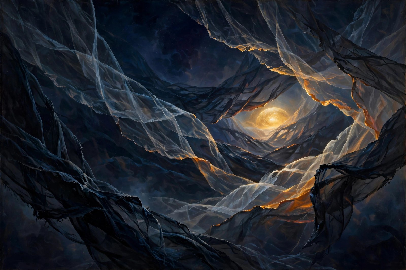Translucent dark veils parting to reveal a distant golden sun