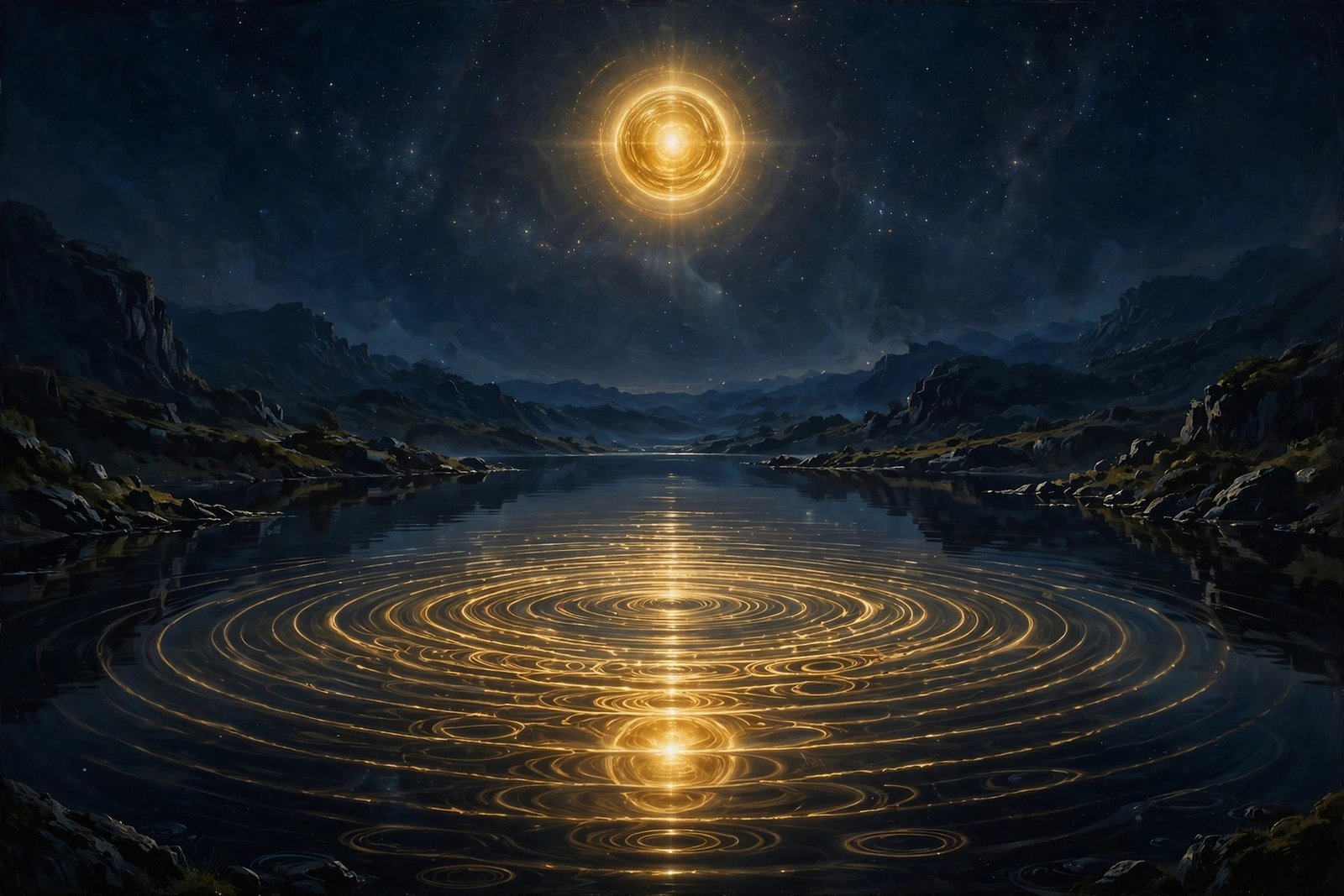 Mirror-still black pool reflecting a radiant golden orb