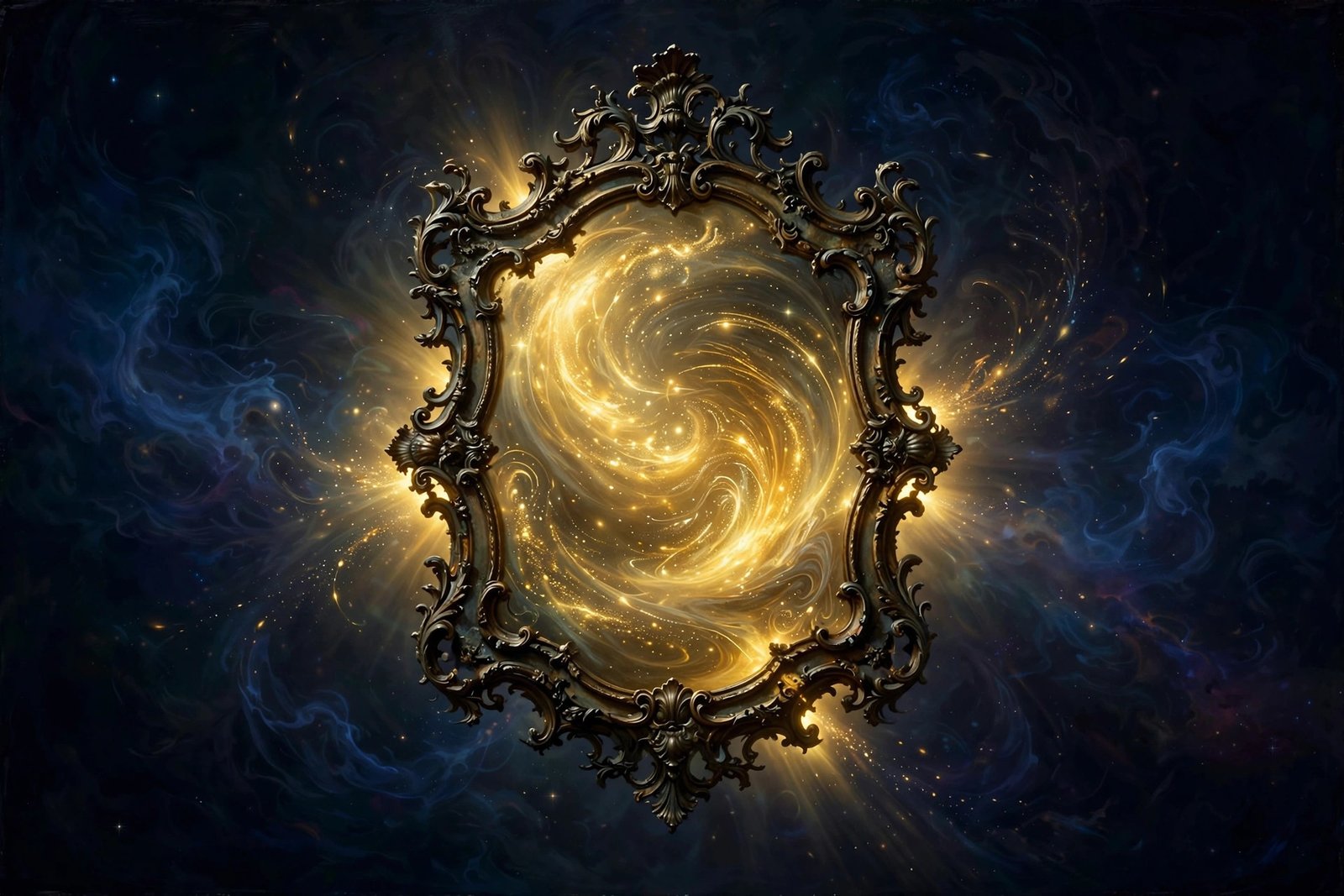 Baroque brass mirror floating in the void, glass filled with swirling golden light