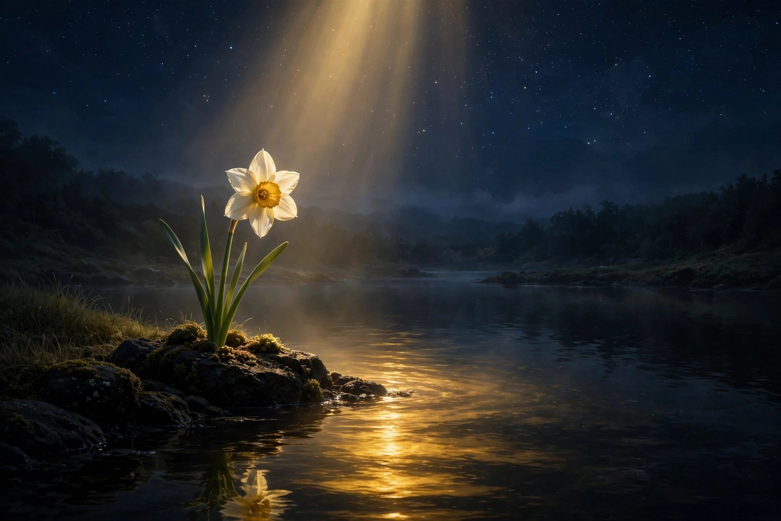 Single narcissus flower by a dark lake, golden beam and glowing reflection