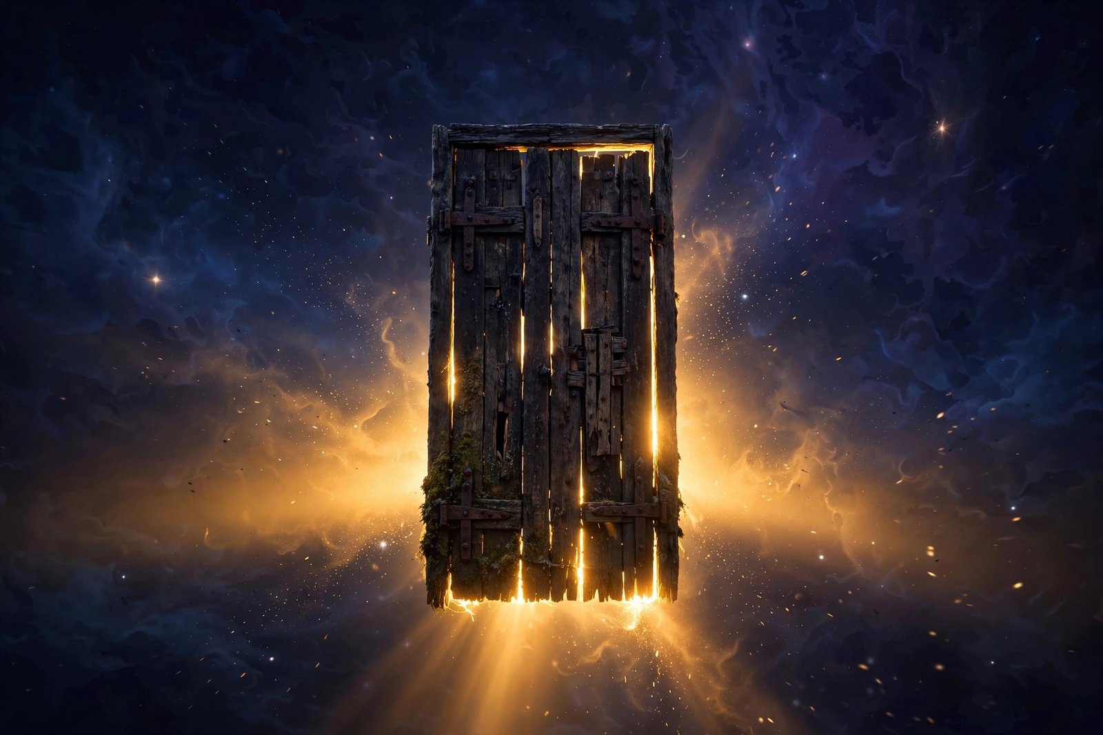 Ancient wooden door in the void, golden light seeping through its cracks