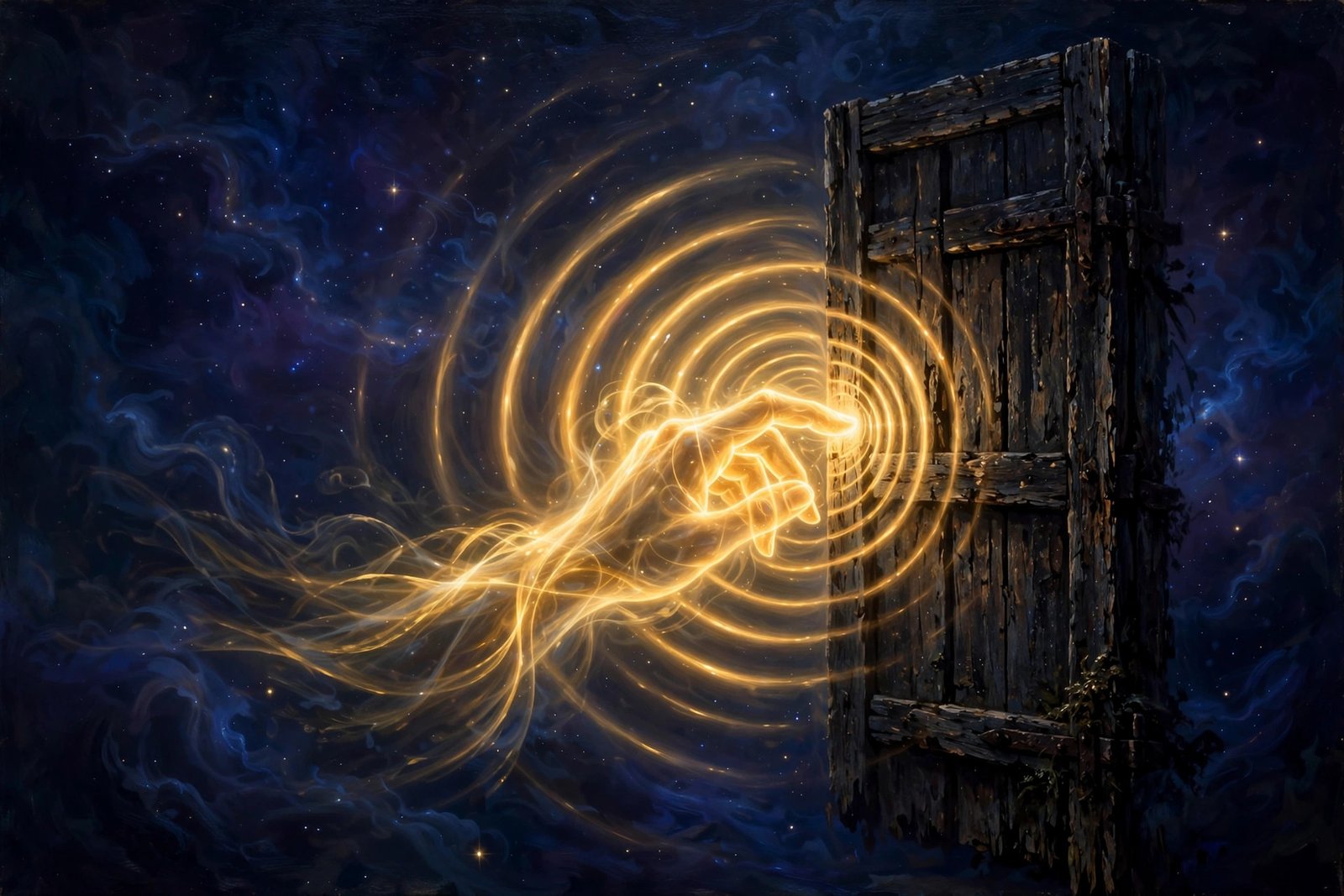 Hand of radiant golden light knocking, light ripples spreading into darkness