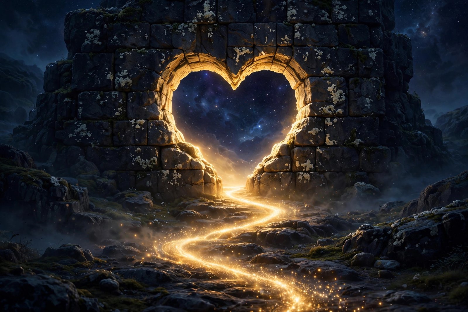 Heart-shaped doorway in dark stone, warm golden light flooding through