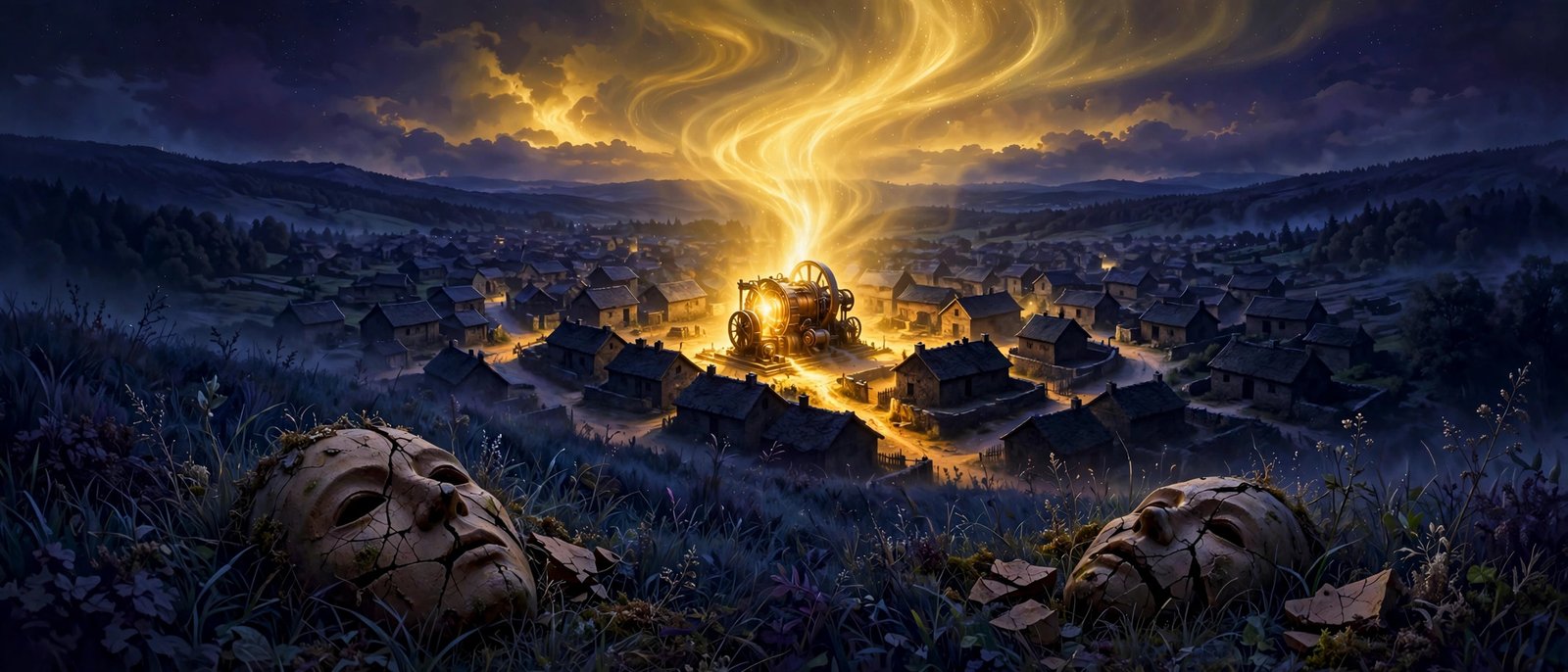 Village at dusk lit by a glowing dynamo