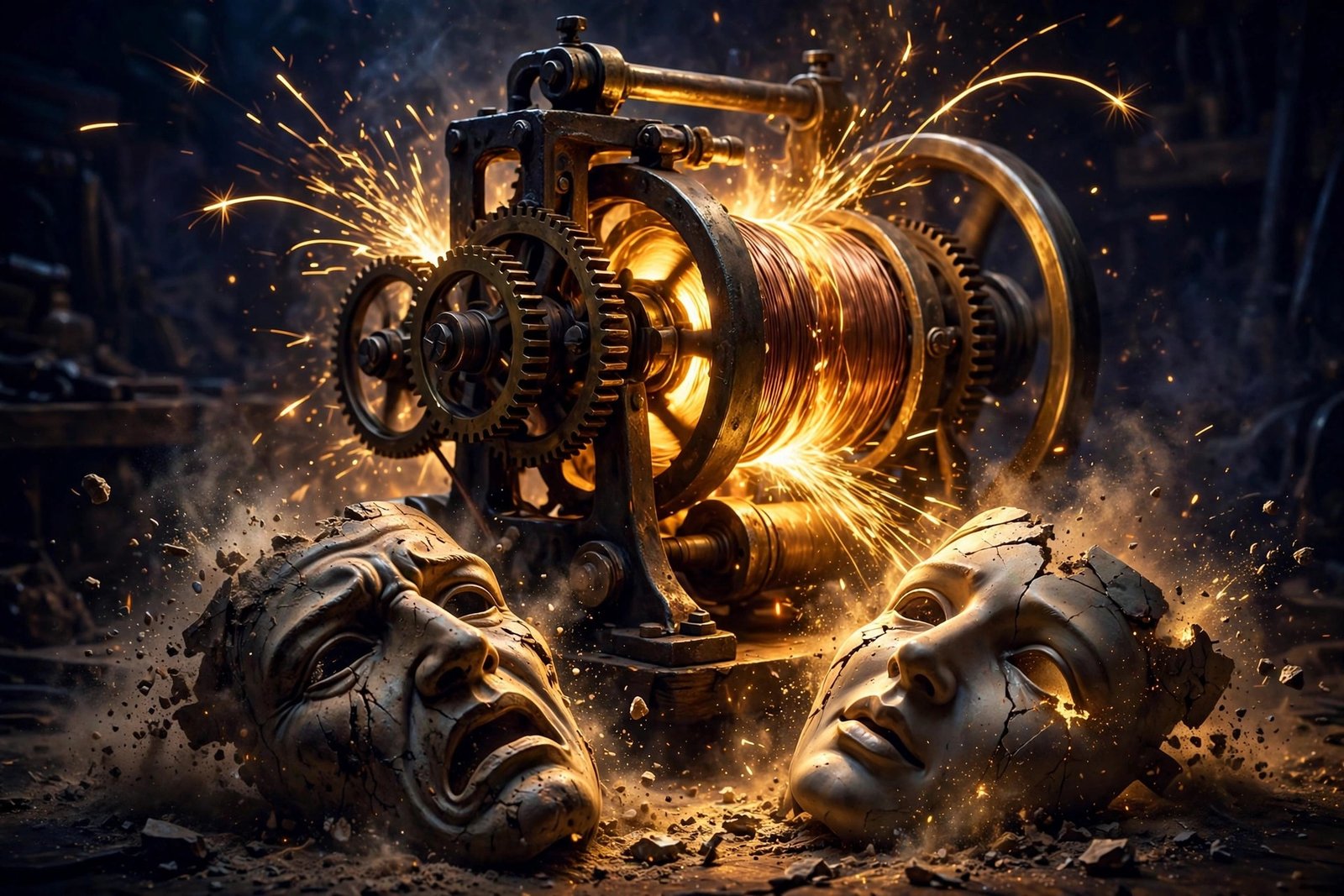 Brass dynamo with crumbling masculine and feminine masks