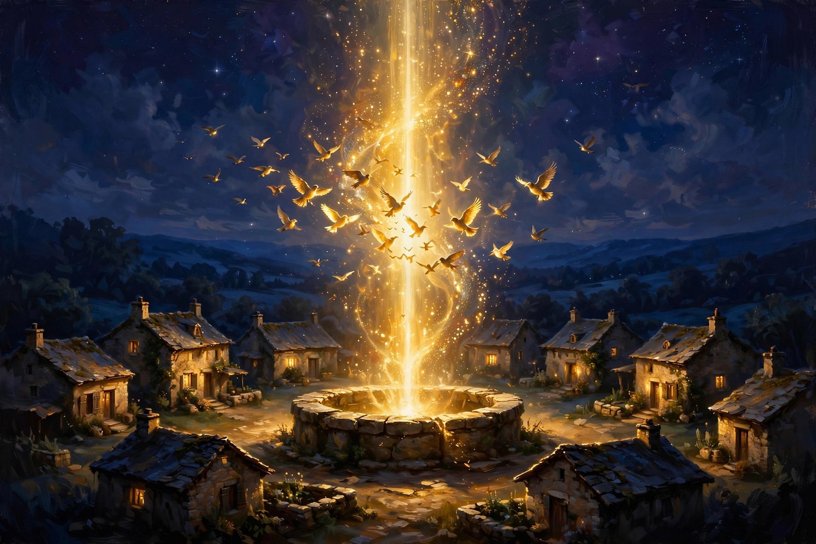 Pillar of golden light rising from a village well