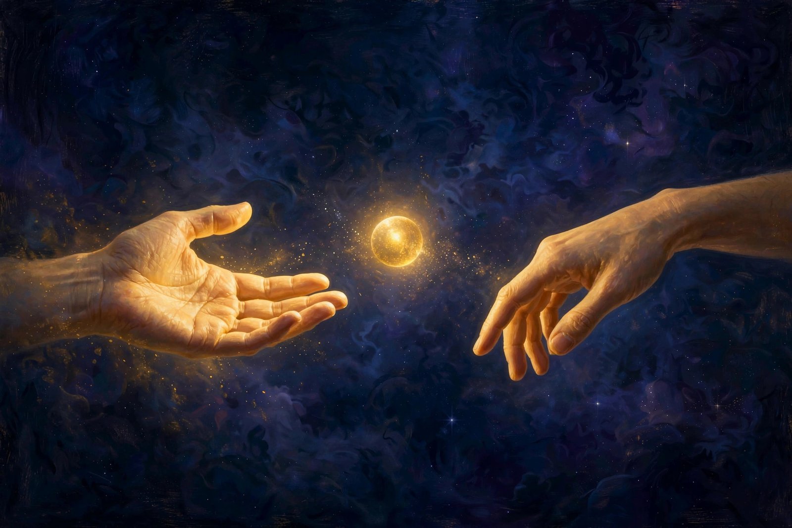 Two hands giving and receiving in the void, radiant orb of golden light between them