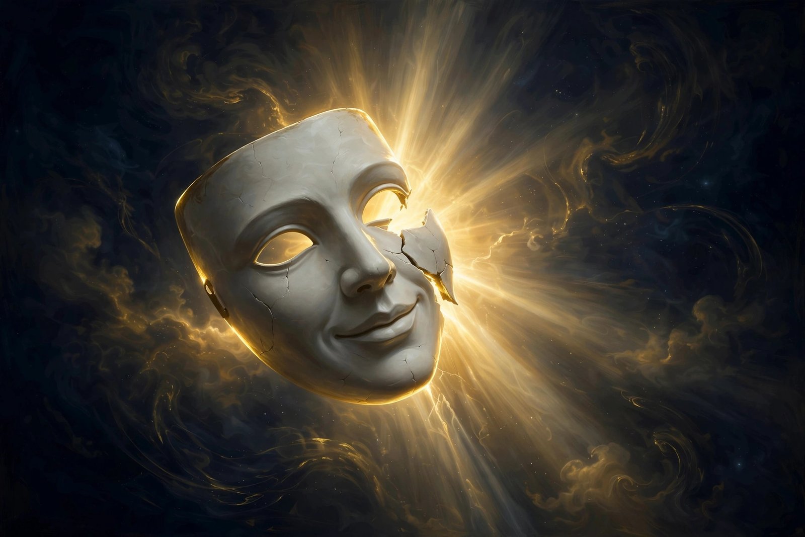 Pale mask cracking open, radiant gold light behind it