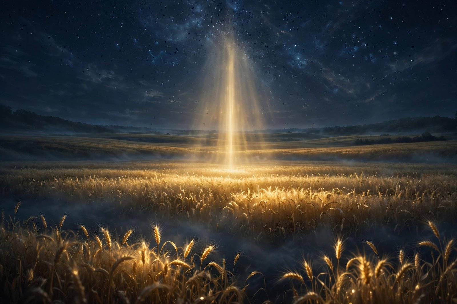 Night wheat field glowing golden from within, beam of light descending