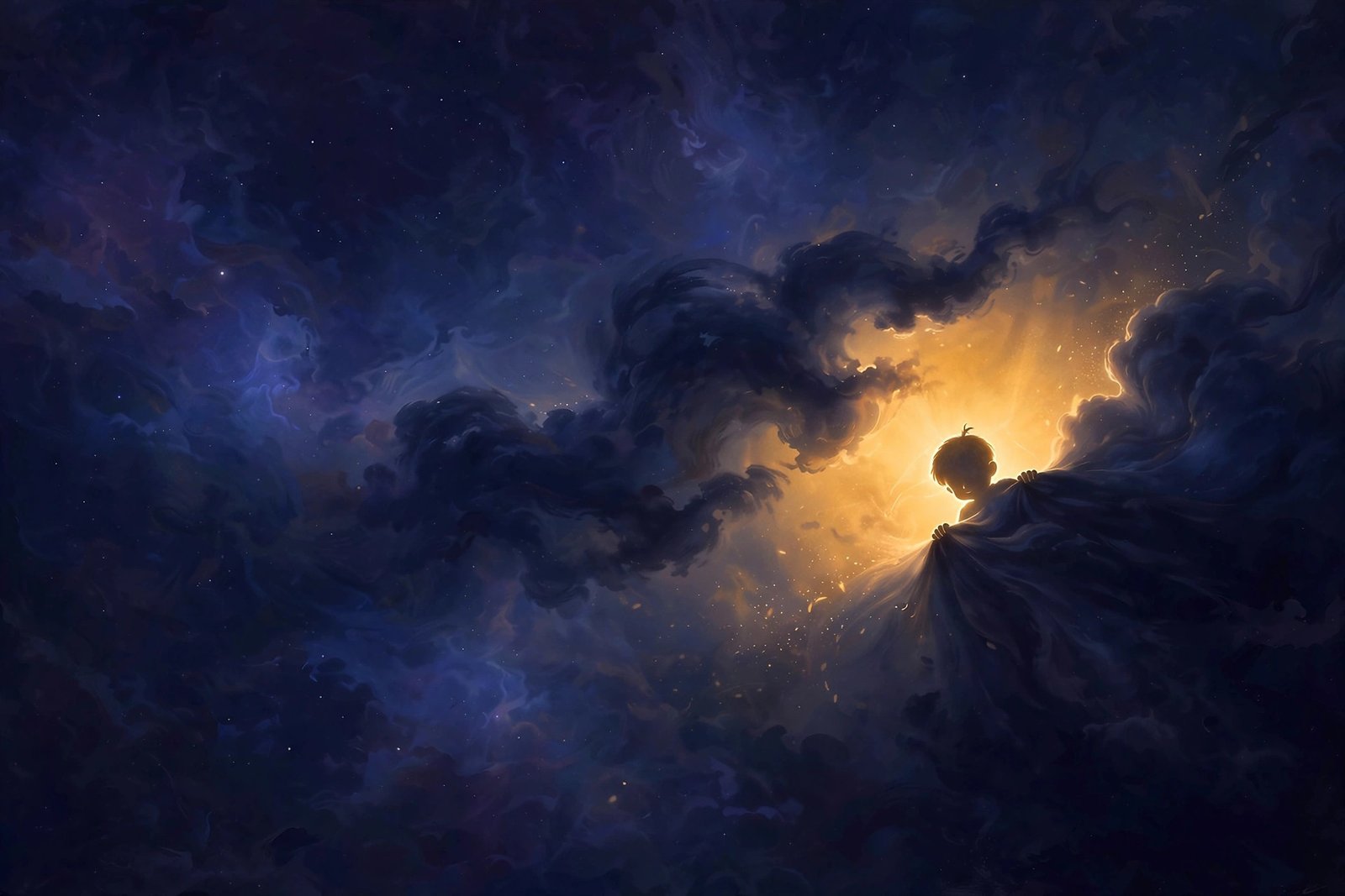 Golden child peek-a-boo from behind a dark cosmic cloud