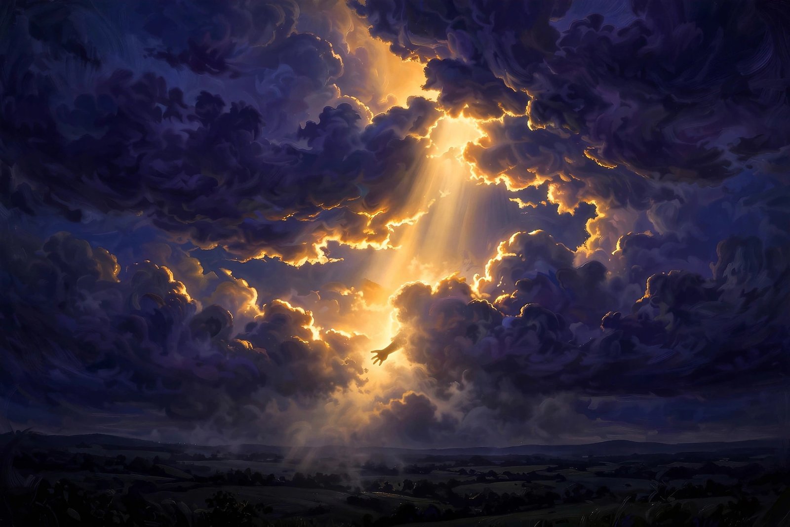 Hidden golden light shaft through night clouds, childlike hand in glow