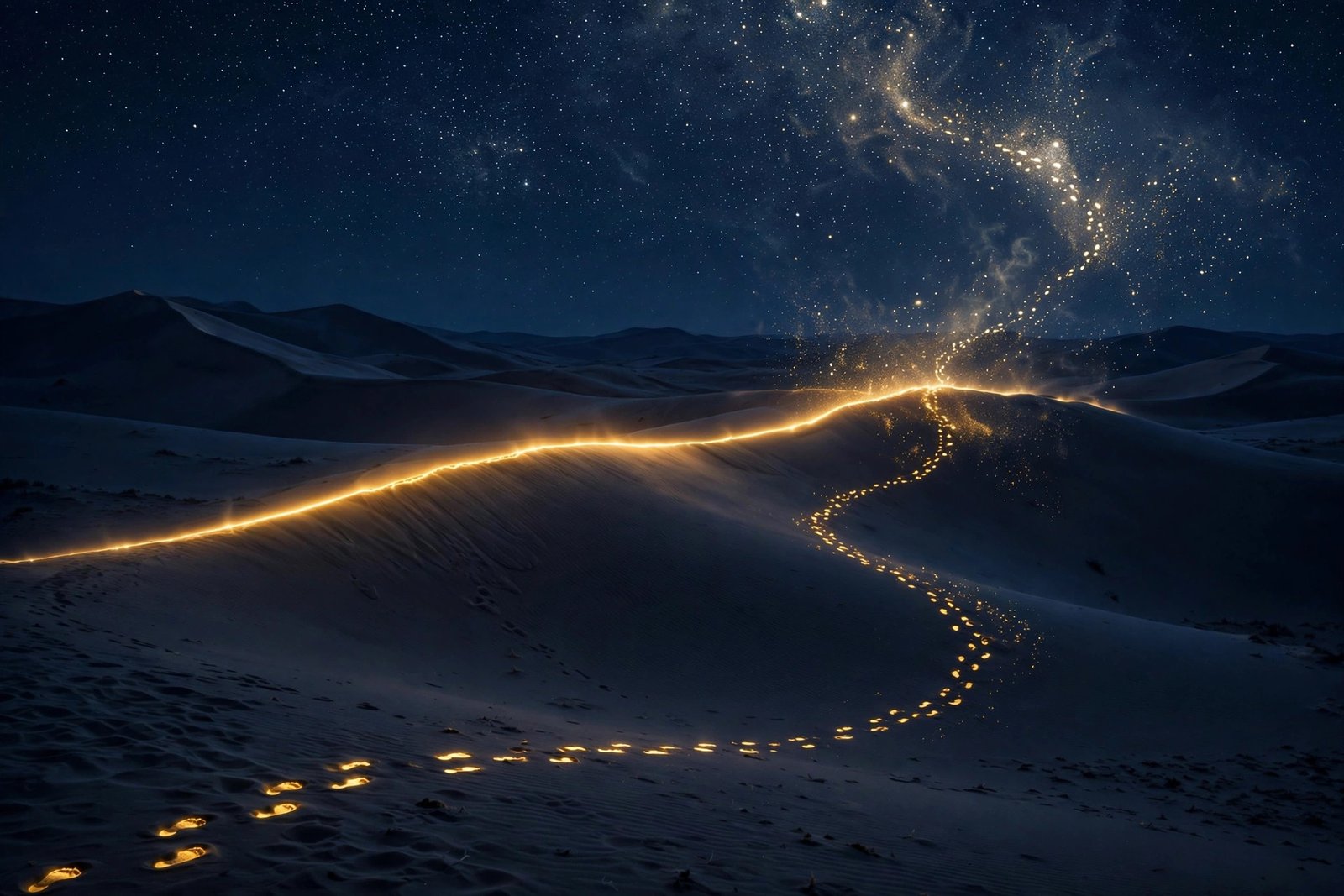 Golden footprints on night desert dune vanishing into stars