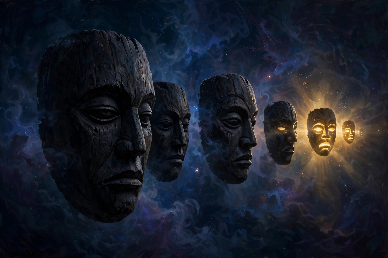 Nested dark wooden masks, innermost glowing gold