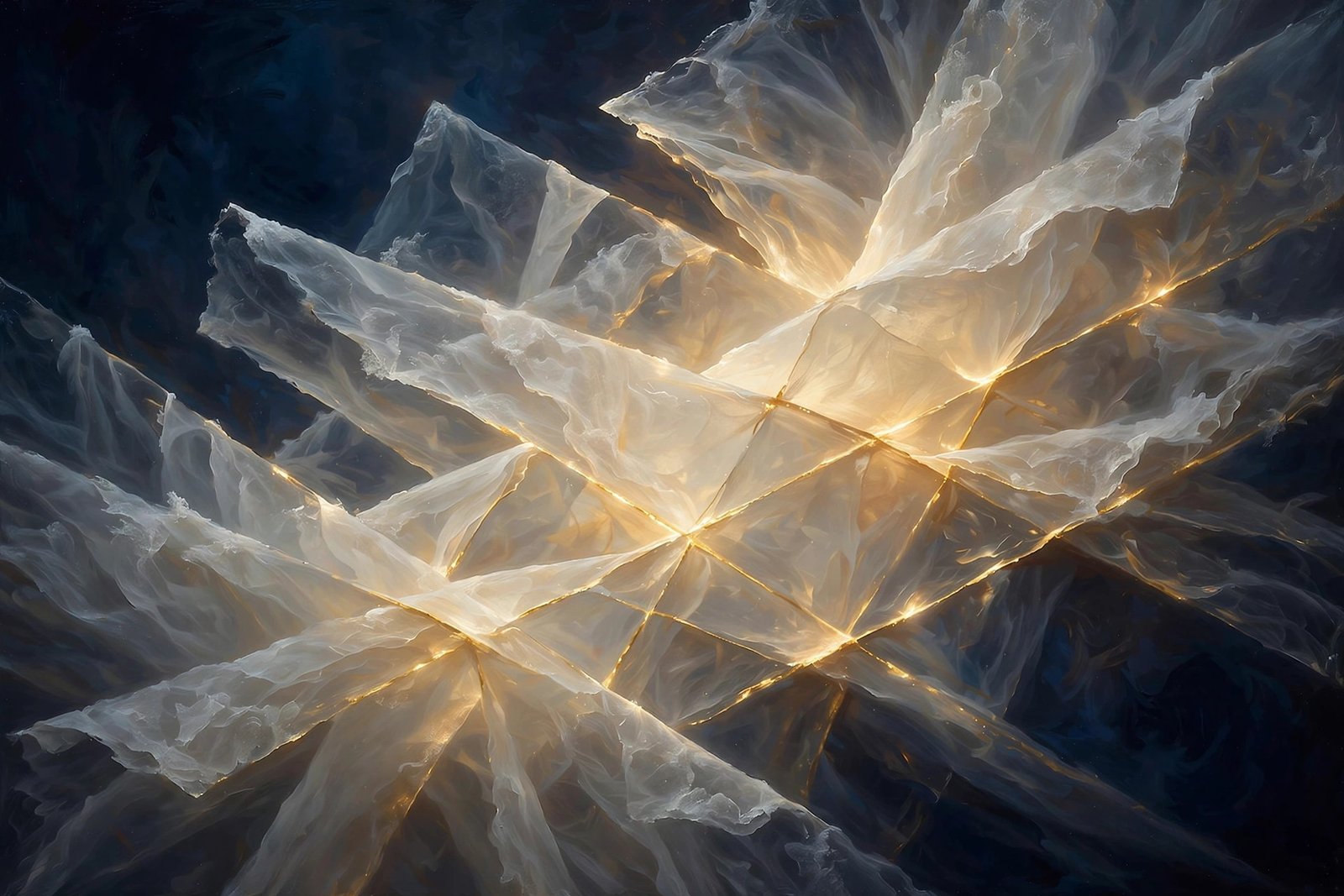 Backlit overlapping glass sheets with luminous golden edges